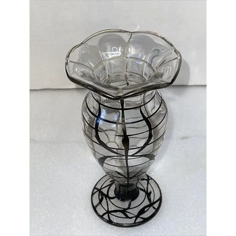 Art Nouveau Vase Sterling Silver Overlayed Glass Fluted Lip Footed Circa 1930’s